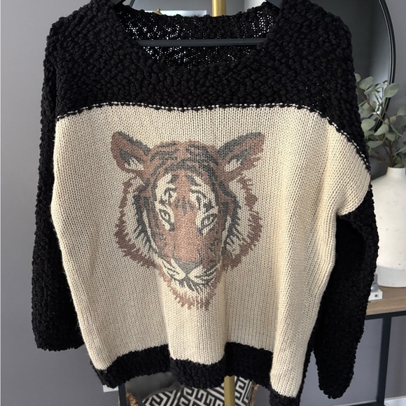 Hand Knit Sweaters - Women's Black and Cream Tiger Sweater